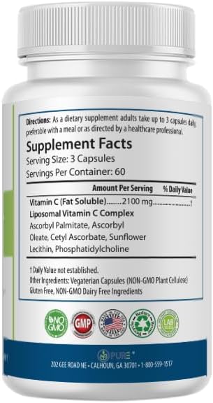 PURE Liposomal Vitamin C Capsules, 2100mg, Sunflower Lecithin, 180 Capsules, 60-Day Supply, Premium Wellness Supplement