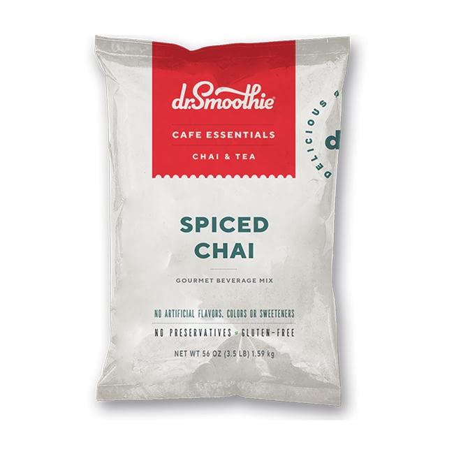 Dr. Smoothie Café Essentials Spiced Chai – No Artificial Colors, Flavors, or Sweeteners – Shelf Stable – 116mg of Caffeine per Serving – Great for Hot, Iced, & Frozen Frappes (3.5 lb Bag, 26 Servings)