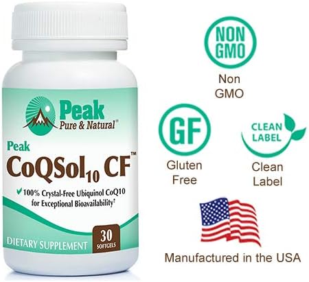 Peak CoQSol10 CF - 100% Crystal-Free Ubiquinol CoenzymeQ10 for Enhanced Bioavailability - Ubiquinol CoQ10 - Natural Energy Booster - Supports Immunity, Brain and Heart Health (30 Softgels)