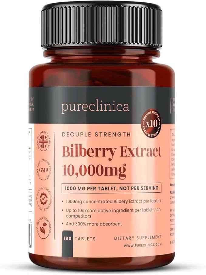 pureclinica Bilberry Extract 10,000mg x 180 Tablets (6 Months Supply)- 10X More anthocyanidin Plus 5mg Black Pepper per Tablet