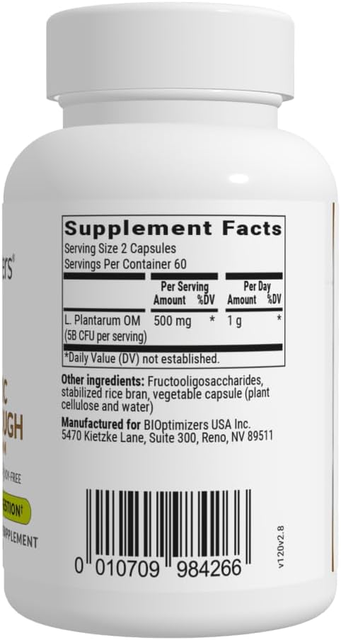 BiOptimizers Probiotic Breakthrough – Lactobacillus Plantarum OM Probiotics & Prebiotics Health Supplement for Gut, Digestive & Immune Support Probiotics for Women Men Elderly– 120 Vegan Capsules