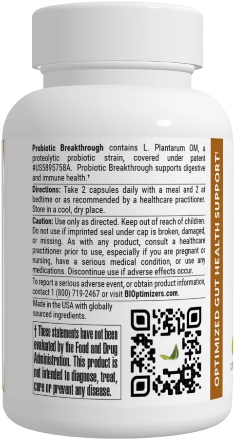 BiOptimizers Probiotic Breakthrough – Lactobacillus Plantarum OM Probiotics & Prebiotics Health Supplement for Gut, Digestive & Immune Support Probiotics for Women Men Elderly– 120 Vegan Capsules