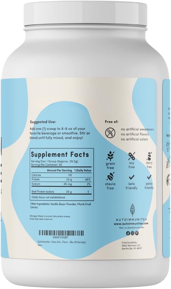 Grass Fed Beef Protein Powder Isolate - AutoimmuniTea, 23g of Paleo Carnivore Protein, Keto Friendly, Grain Free, No Dairy or Soy, No Whey, Stevia Free, Vanilla Flavor - 2lbs of Prime Muscle Building
