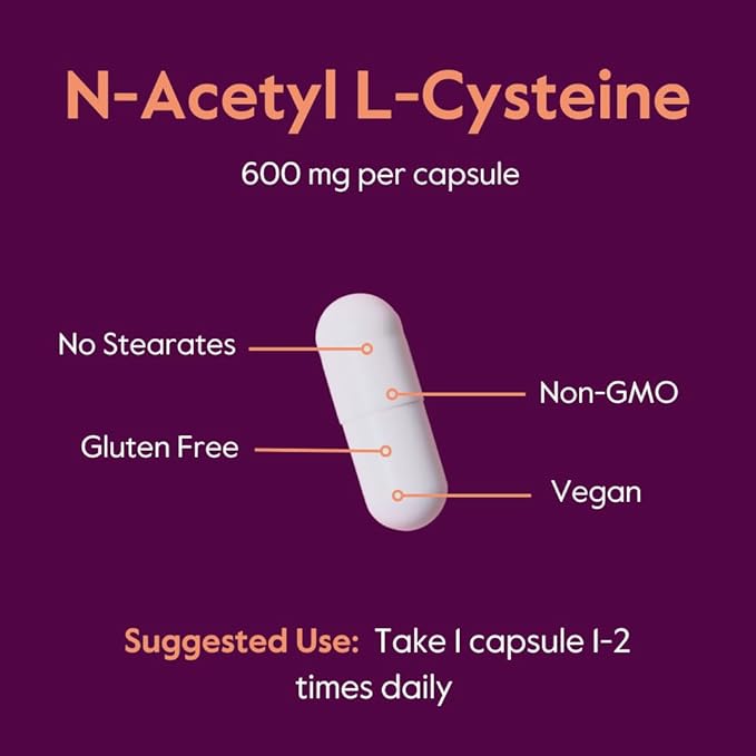 N-Acetyl L-Cysteine (NAC) 600mg Per Capsule (120 Vegetarian Capsules) - No Stearates - Vegan - No Fillers - No Silica - No Gelatin - Gluten Free - Non GMO