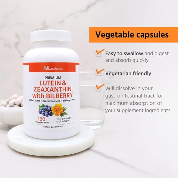 ML Naturals Premium Lutein & Zeaxanthin with Bilberry 120 Vegetable Capsules. Lutein 40 mg, Zeaxanthin 5 mg, and Bilberry 400 mg. Premium Quality. Healthy Eyes & Vision, NSF-Certified & cGMP-Compliant