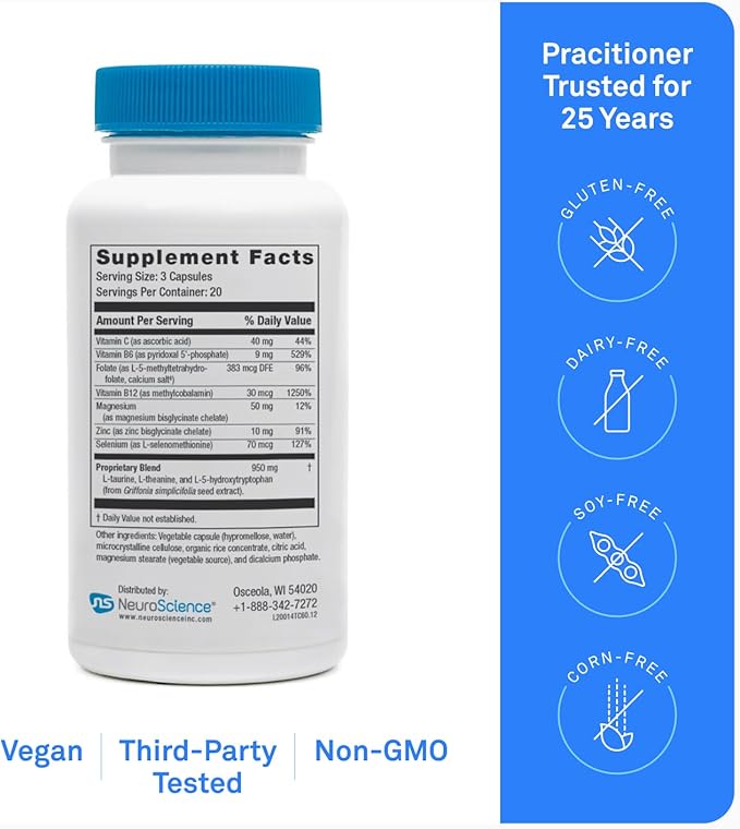 NeuroScience Mood Support Supplement - TravaCor - L Theanine Supplement with 5-HTP & More to Help Soothe Stress, Encourage Calm Sleep & Aid Healthy GABA Activity (60 Capsules)