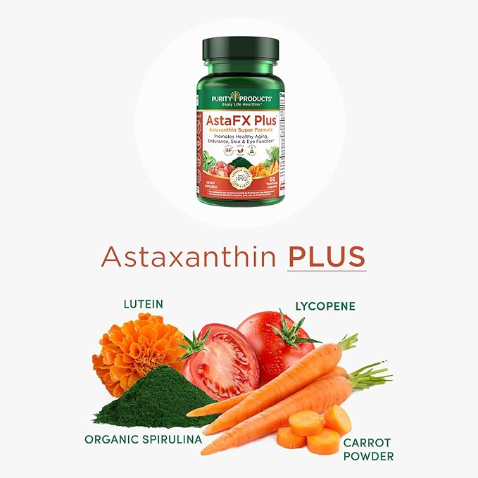 Purity Products AstaFX Plus - Astaxanthin Super Formula - 30 Day Supply from Supports Endurance - Promotes Healthy Skin - Supports Visual Health - Up to 6,000 Times More Powerful Than Vitamin C