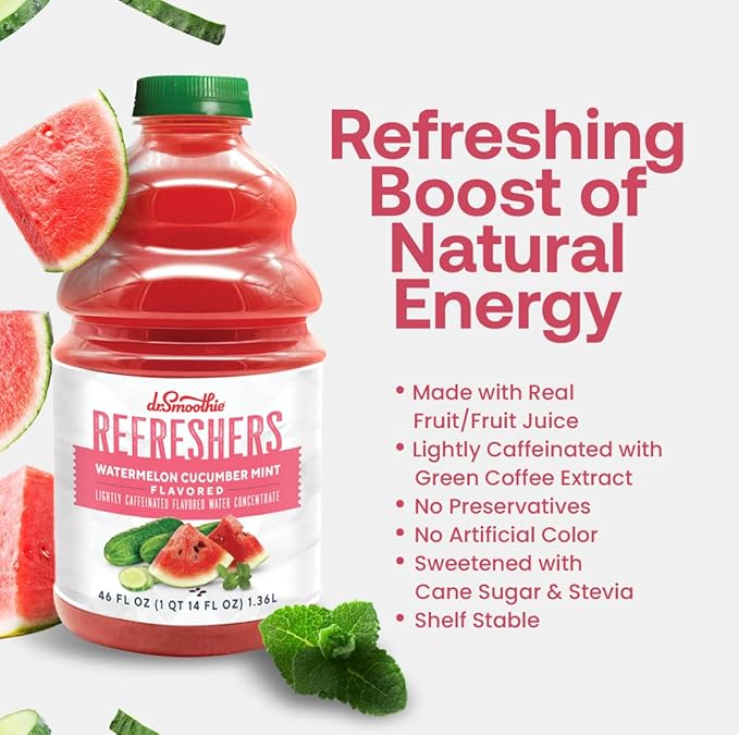 Dr. Smoothie Refreshers Watermelon Cucumber Mint – Made with Real Fruit Juice – Drink Concentrate, No Artificial Colors, Shelf-Stable – Lightly Caffeinated with Green Coffee Extract (46 oz Bottle)
