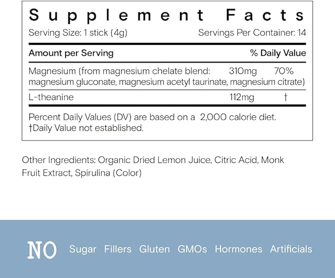 Moon Juice - Magnesi-Om, Blue Lemon - Sticks (18 Servings) - Support Brain Health, Rest - Magnesium Powder - L-Theanine - Regularity - Compostable - 100% Traceable - Vegan, Non GMO - 0.14oz
