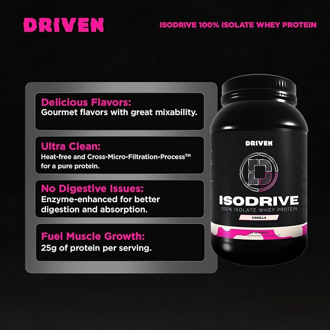Driven Nutrition IsoDrive Whey Isolate Protein Powder 2lb (Vanilla) – 25g Protein, Enzyme Enhanced for Absorption, Ultra Clean