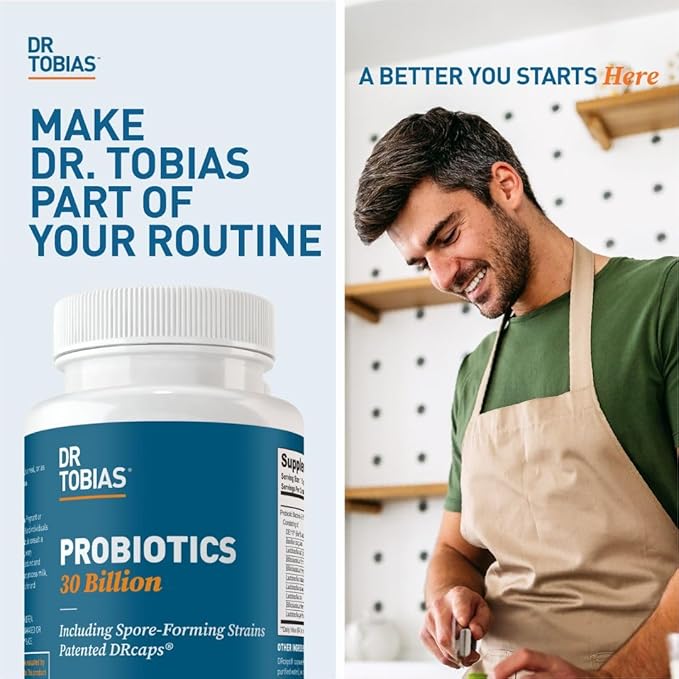 Dr. Tobias Probiotics 30 Billion, 10 Strains, 30 Billion CFU's, Targeted Release Probiotics for Women & Men, Supports Digestive Health, Shelf-Stable, Non-GMO, 30 Capsules, 30 Servings