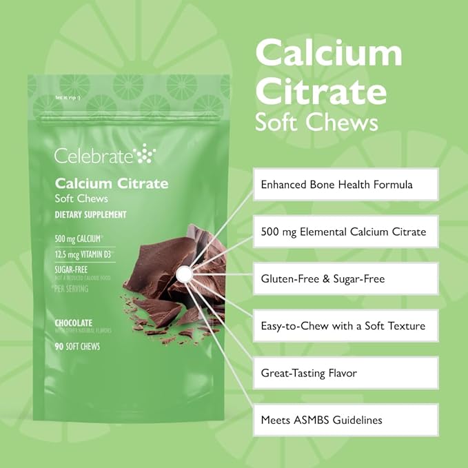 Celebrate Vitamins Bariatric 500mg Calcium Citrate Soft Chews with 500 IU Vitamin D3 – Essential for Gastric Bypass Patients & Bone Health - Sugar & Gluten Free, Chocolate (90 Chews)