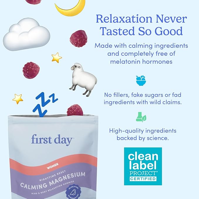 FIRST DAY Women’s Nighttime Reset Calming Magnesium Gummies – Sleep Aid Supports Peaceful Rest, Balanced Mood & Energy – Supplement with Magnesium Citrate, L-Theanine & No Melatonin – 60-Day Supply