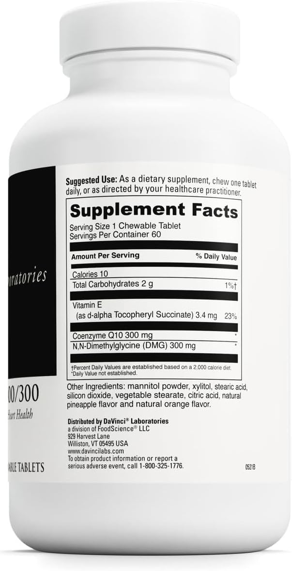 DAVINCI Labs CoQ10 - DMG 300/300 - Supports Heart Health and Energy Function* - Dietary Supplement with Coenzyme Q10 & Vitamin E - Vegetarian - Gluten-Free - 60 Orange Flavored Chewable Tablets