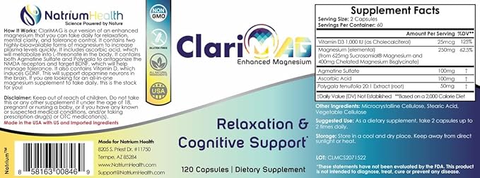 ClariMAG Capsules | Enhanced Magnesium | 120 Count | Relaxation & Cognitive Support | Nootropic Stack
