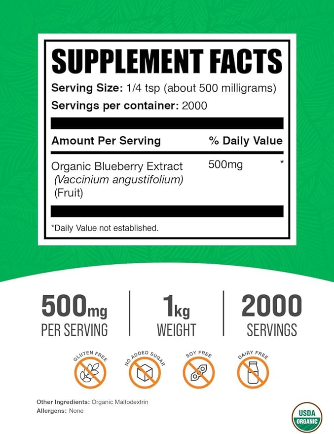 BulkSupplements.com Organic Blueberry Extract Powder - Blueberry Extract Supplement, Antioxidant Support - Vegan & Gluten Free, 500mg per Serving, 1kg (2.2 lbs) (Pack of 1)