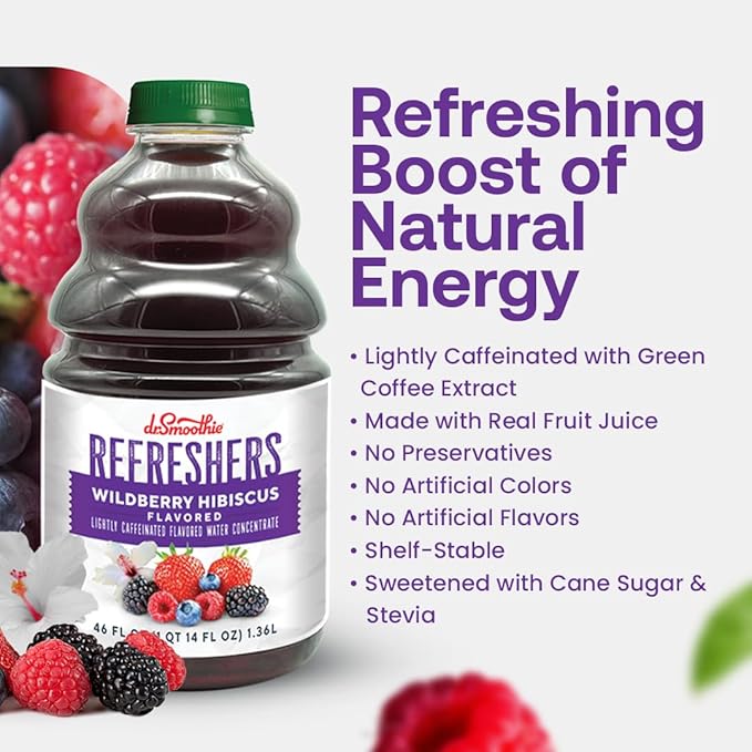 Dr. Smoothie Refreshers Wildberry Hibiscus – Made with Real Fruit Juice – Drink Concentrate, No Artificial Colors, Shelf-Stable – Lightly Caffeinated with Green Coffee Extract (46 oz Bottle)