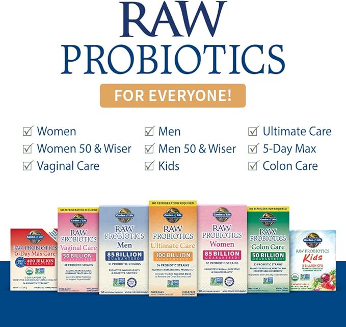 Garden of Life Raw Probiotics for Women and Men with Digestive Enzymes, 100 Billion CFU, Clinically Studied Strains, Shelf Stable, 30 Capsules