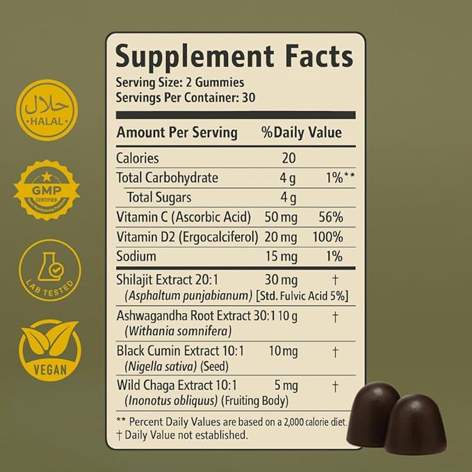 Pure Shilajit Gummies for Men & Women, Shilajit with Black Seed Oil, High Potency Pure Himalayan Resin for Energy, Immune Support, and Cognitive Function, Lab Tested Chewables