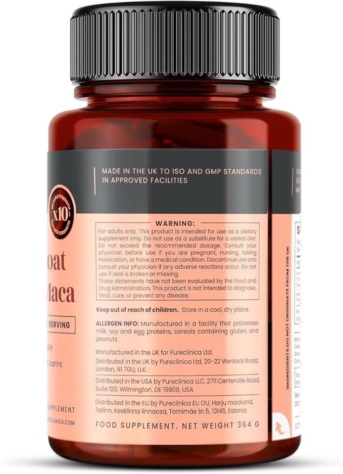 pureclinica 10X Horny Goat Weed & Maca Extract 6250mg x 180 Tablets (6 Months Supply) -10 X More Icariins - w/5mg Black Pepper Extract for 300% Increased Absorption