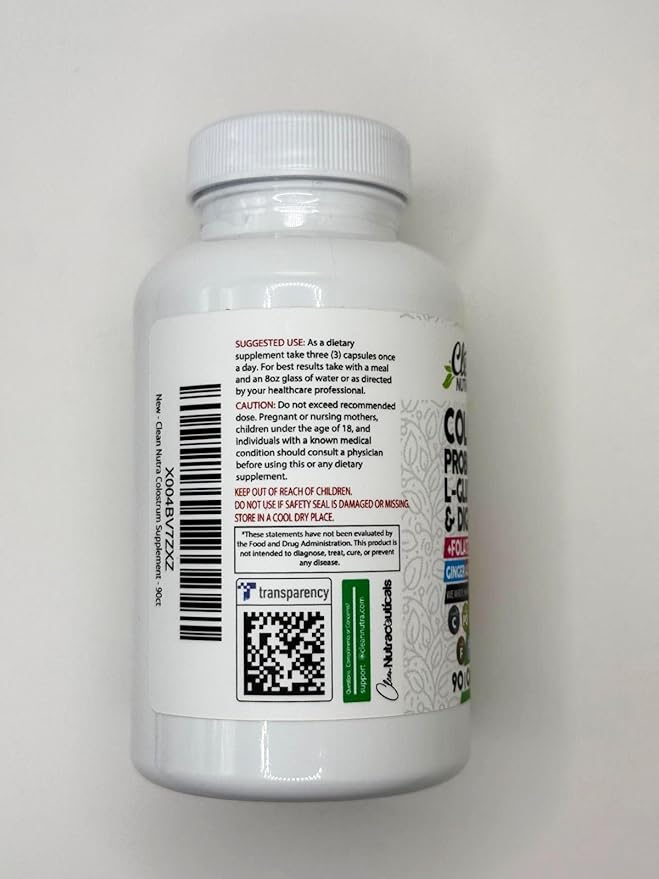 Clean Nutraceuticals Colostrum Supplement Capsules Probiotics Pills Prebiotics, L-Glutamine, Digestive Enzymes, Folate, Fiber, ACV, Turmeric, Apple Pectin and Turmeric Pills