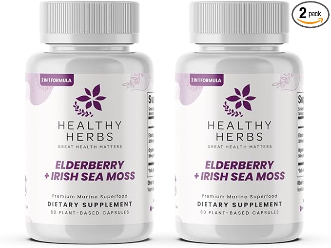 Wildcrafted Elderberry Sea Moss Capsules | 2600mg Irish Sea Moss + Elderberry Essentials Blend | US-Made, Vegan, Non-GMO, Easy-Swallow (2-Pack)
