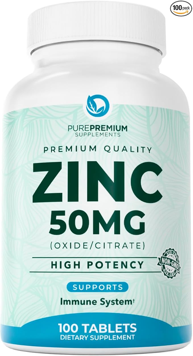 PurePremium Natural Zinc 50mg Supplements for Men/Women - High Potency Vitamin Zinc Citrate/Oxide for Adults, Immune Antioxidant, Energy Support - 100 Tablets