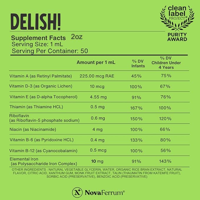 NovaFerrum Delish | Vegan Multivitamin with Iron for Infants, Toddlers & Kids | Immune Support | Organic Plant-Based D-3 | Gluten Free | Vegan Verified | Sugar Free | 1.69 Fl Oz (50 mL)