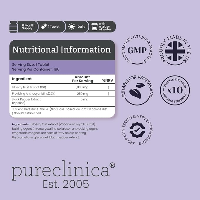 pureclinica Bilberry Extract 10,000mg x 180 Tablets (6 Months Supply)- 10X More anthocyanidin Plus 5mg Black Pepper per Tablet