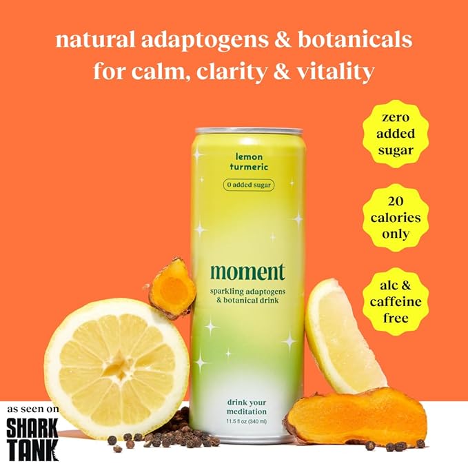 Moment Botanical Soda Soft Drink (Shark Tank) - SPARKLING Non Alcoholic Drinks | Lemon Turmeric | | L-Theanine & Ashwagandha for Calm & Clarity | 0 Added Sugar 0 Caffeine | 12-pack