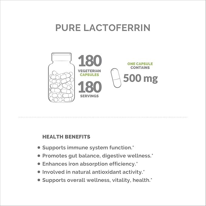 Pure Lactoferrin 500 mg - 180 Veg Capsules - 180 Servings - Additives Free