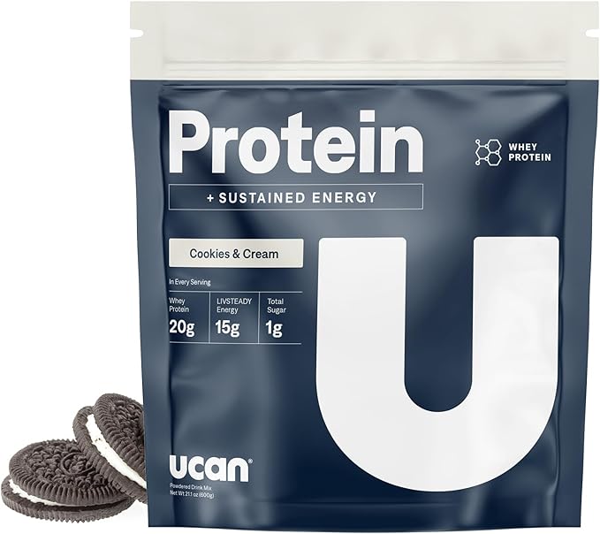 UCAN Energy + Whey Protein Powder - 19g Per Serving with Amino Acids EAAs & BCCAs - Keto, No Added Sugar, Gluten-Free - Cookies & Cream - 12 Servings