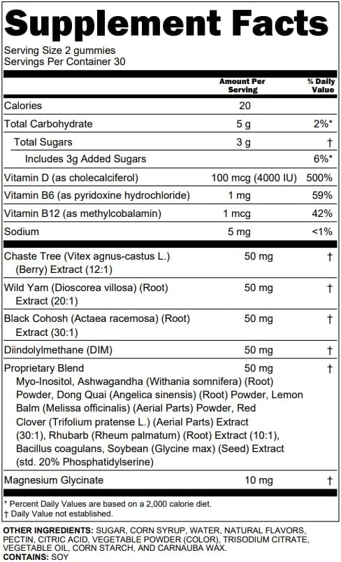 Clean Nutra Chasteberry Wild Yam Menopause Gummies Inositol Black Cohosh Magnesium Red Clover DIM Supplement B6 Magnesium Glycinate Glycine Vitex Hormone Balance for Women Gummy Vitamins 60 Count