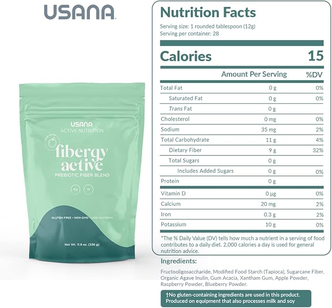 USANA Fibergy Active with Prebiotic Fiber for Gut Health – Non-GMO – Gluten Free – Low Glycemic – 336 Grams - 28 Servings