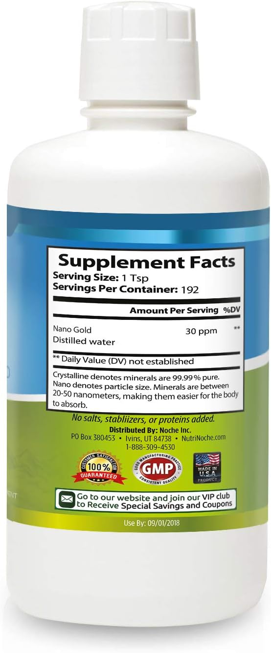 Colloidal Gold Liquid Organic Supplement by Nutrinoche - 100% Pure Nano Gold Mineral - Supports Mental Clarity, Focus & Relaxation - 32 oz Bottle - Vegan, Gluten-Free - Crystalline- 30 ppm