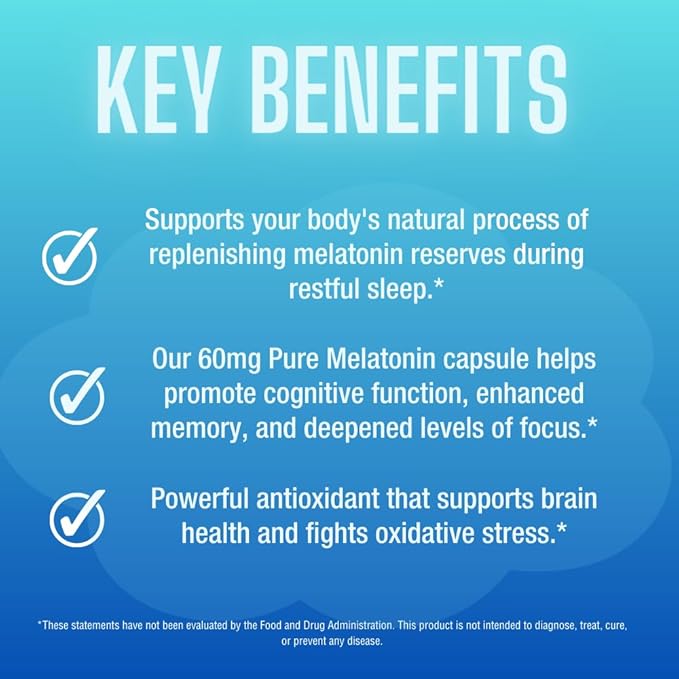 Pure Melatonin 60mg | 120 High-Dose Easy-to-Swallow Capsules | Natural Sleep Aid | Non-Habit Forming | Holistic Wellness