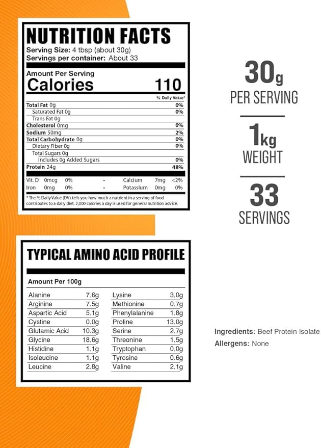 BulkSupplements.com Beef Protein Isolate Powder - Lactose Free Protein Powder, Beef Protein Powder - Unflavored & Gluten Free, 30g per Serving, 1kg (2.2 lbs) (Pack of 1)
