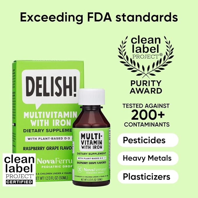 NovaFerrum Delish | Vegan Multivitamin with Iron for Infants, Toddlers & Kids | Immune Support | Organic Plant-Based D-3 | Gluten Free | Vegan Verified | Sugar Free | 1.69 Fl Oz (50 mL)