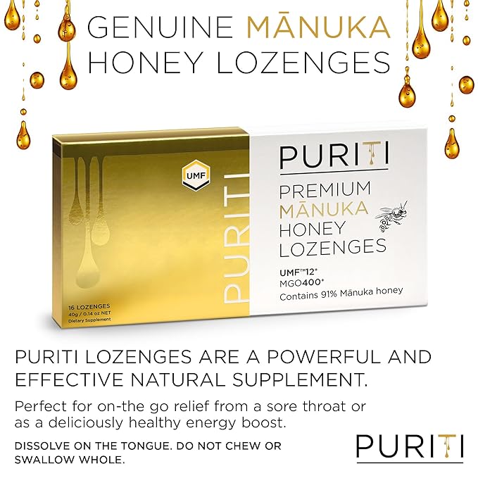 PURITI Premium Manuka Honey Lozenges High Potency - Sugar Free Drops | Genuine New Zealand Raw Manuka Honey Soothers for Coughs & Sore Throats | UMF Certified MGO 400+ UMF12+ (16 Pack)