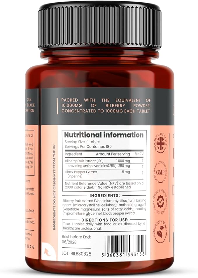 pureclinica Bilberry Extract 10,000mg x 180 Tablets (6 Months Supply)- 10X More anthocyanidin Plus 5mg Black Pepper per Tablet
