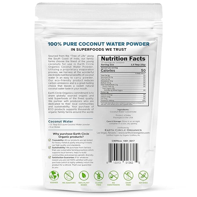 Earth Circle Organics Pure Coconut Water Powder | Coconut Electrolyte Powder for Energy and Hydration Supplement | No Additives | Unsweetened | Vegan | Keto | Gluten Free - 8oz (Pack of 2)