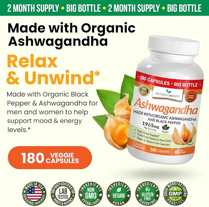 UDAF Verified Organic Ashwagandha with Black Pepper - 180 Capsules - 1965mg Extra Strength for Stress, Sleep, Mood, Thyroid, Focus, Hair, Vegan Pure Root Extract Powder - Men and Women Supplements