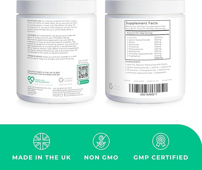Love Life Supplements EAA Amino Acids Powder, All 9 Essential Amino Acids Including BCAA's and 2 Grams of Leucine per Serving, Apple & Kiwi Flavour, 348g - 60 Servings (5g of EAA's per Serving)