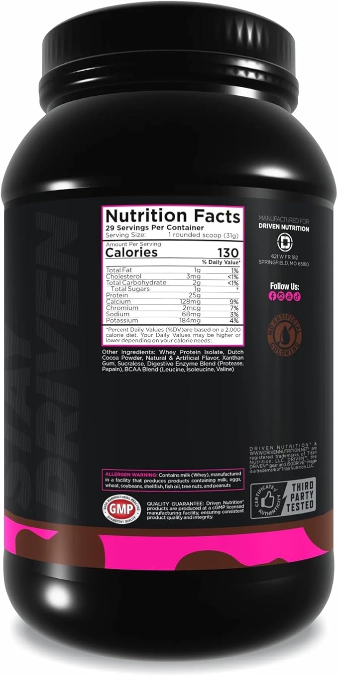 Driven Nutrition IsoDrive Whey Isolate Protein Powder 2lb (Chocolate) – 25g Protein, Enzyme Enhanced for Absorption, Ultra Clean