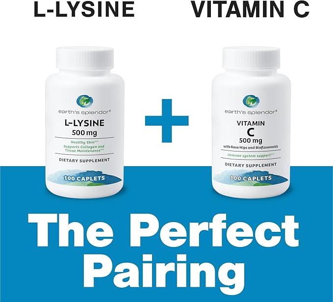 Earth's Splendor L-Lysine 500 mg Supplement for Men & Women, Supports Collagen & Tissue Maintenance (500 mg, 100 Caplets)