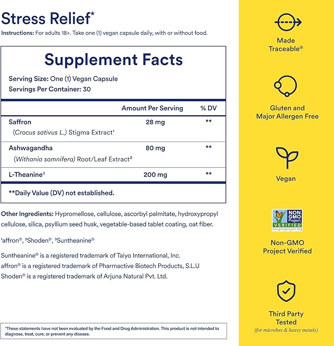 Ritual Stress Relief Supplement Shoden® Ashwagandha, Suntheanine® L-Theanine, and Saffron as affron®* BioSeries with 8-Hour Release to Support Natural Cortisol Response and Promote Calm, 30 Day