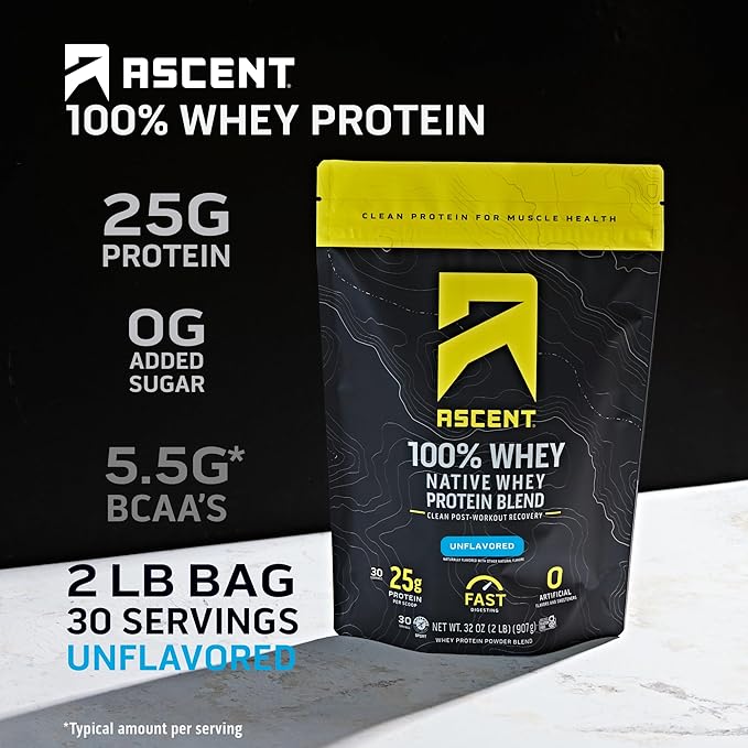 Ascent 100% Whey Protein Powder - Post Workout Whey Protein Isolate, Zero Artificial Flavors & Sweeteners, Gluten Free, 5.5g BCAA, 2.6g Leucine, Unflavored 2 lb