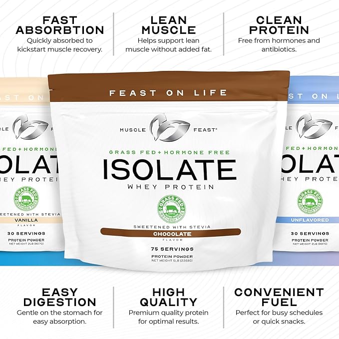 Muscle Feast Grass-Fed Whey Protein Isolate, All Natural Hormone Free Pasture Raised, Whey Isolate Protein Powder for Men and Women, Clean, Gluten-Free, Delicious Isolate Protein - Vanilla, 1lb