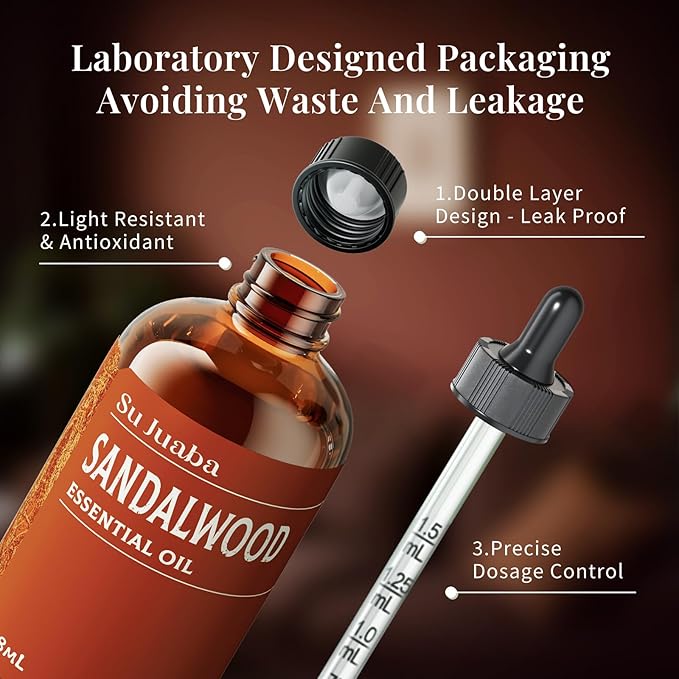 SU JUABA Sandalwood Oil 4 Fl Oz, 100% Natural Aromatherapy Oil for Diffuser,Skincare, Hair Care, DIY Fragrance, and Relaxation - 118ML