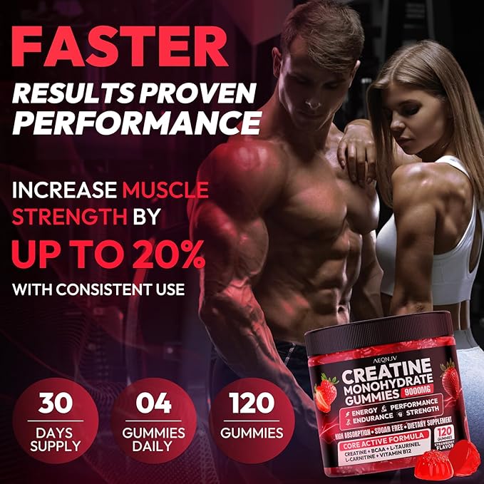 Creatine Gummies Monohydrate Complex 9000MG, Chewable Creatine Monohydrate Gummies for Men & Women with L-Taurine, BCAA 2:1, B12/6, Building Muscle Strength and Boost Focus, 30 Days Supply